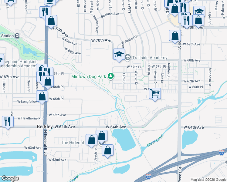 map of restaurants, bars, coffee shops, grocery stores, and more near 2310 West 66th Avenue in Denver