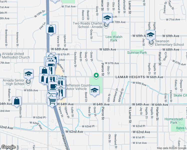 map of restaurants, bars, coffee shops, grocery stores, and more near 6820 West 66th Avenue in Arvada