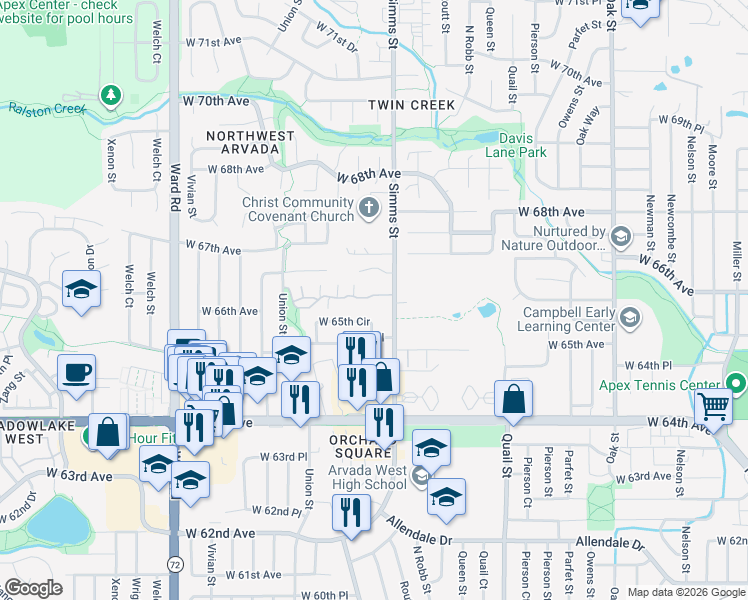 map of restaurants, bars, coffee shops, grocery stores, and more near 11707 West 65th Circle in Arvada
