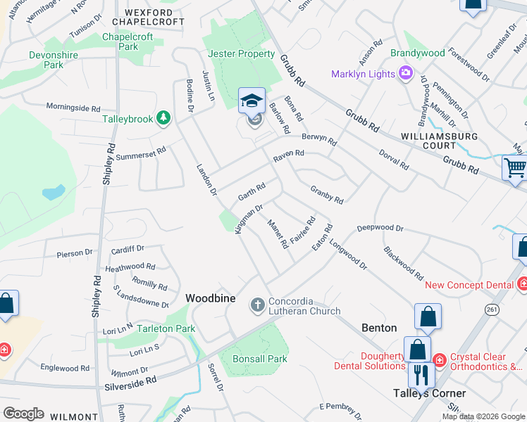 map of restaurants, bars, coffee shops, grocery stores, and more near 2412 Manet Road in Wilmington