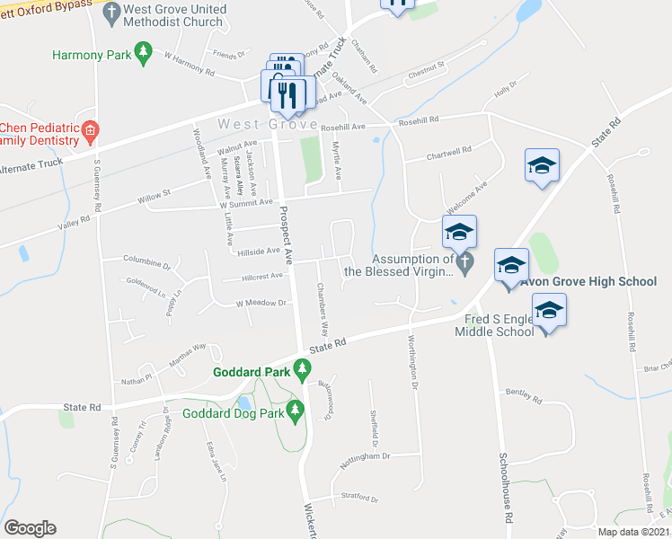 map of restaurants, bars, coffee shops, grocery stores, and more near 516 Liberty Circle in West Grove
