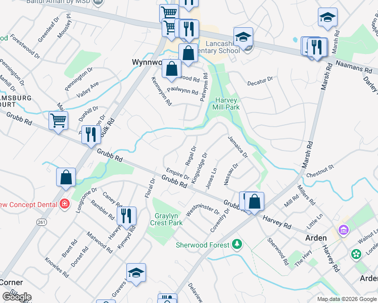 map of restaurants, bars, coffee shops, grocery stores, and more near 2207 Regal Drive in Wilmington