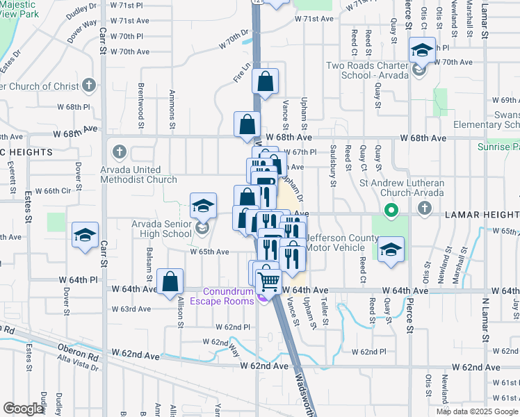 map of restaurants, bars, coffee shops, grocery stores, and more near 6590 Wadsworth Bypass in Arvada