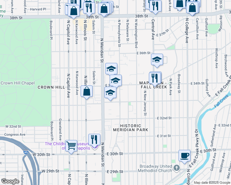 map of restaurants, bars, coffee shops, grocery stores, and more near 3330 North Pennsylvania Street in Indianapolis