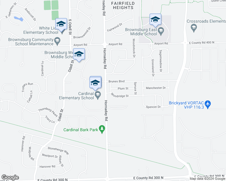 map of restaurants, bars, coffee shops, grocery stores, and more near 1003 Plum Street in Brownsburg
