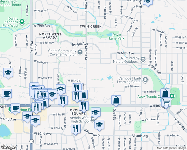 map of restaurants, bars, coffee shops, grocery stores, and more near 6640 Simms Street in Arvada