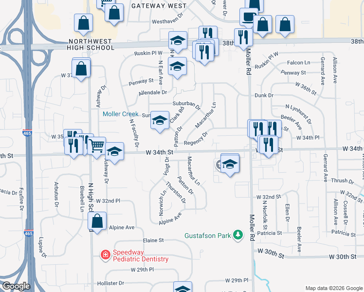 map of restaurants, bars, coffee shops, grocery stores, and more near 5762 West 33rd Place in Indianapolis