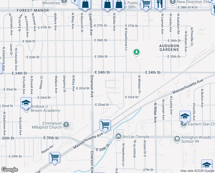 map of restaurants, bars, coffee shops, grocery stores, and more near 3332 Mardenna Avenue in Indianapolis