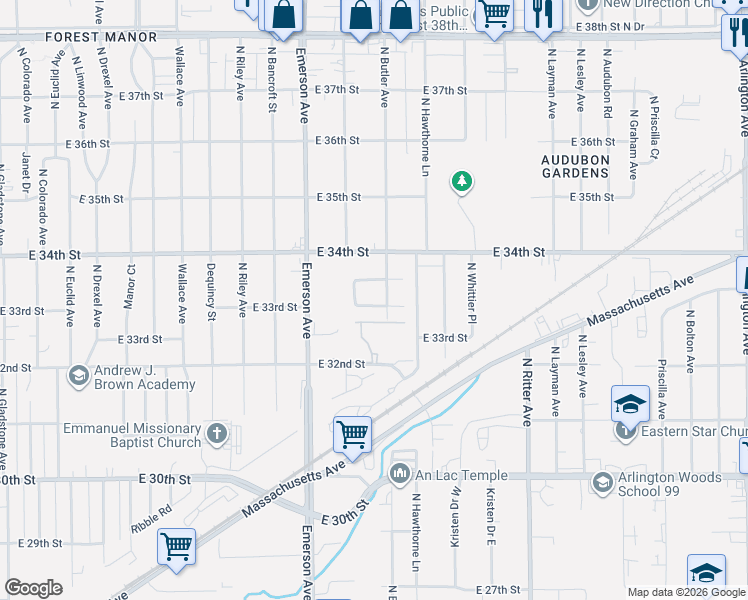 map of restaurants, bars, coffee shops, grocery stores, and more near 5232 East 33rd Street in Indianapolis
