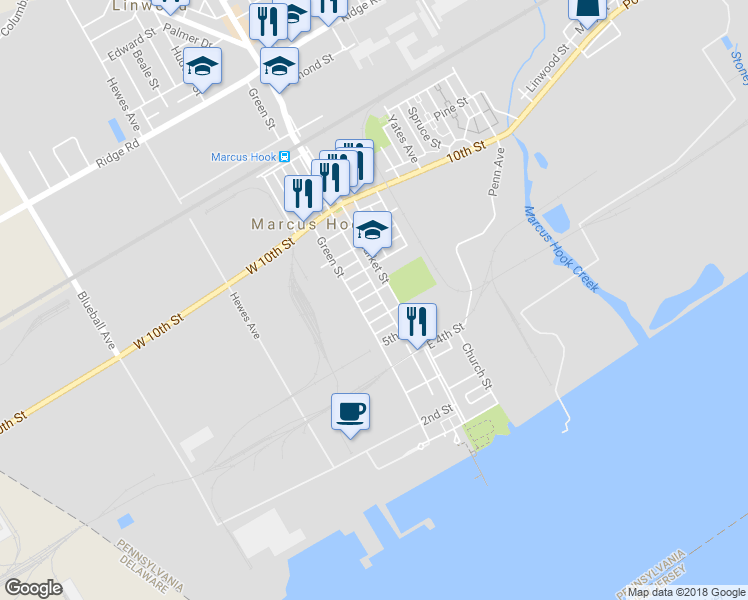 map of restaurants, bars, coffee shops, grocery stores, and more near 704 Market Street in Marcus Hook