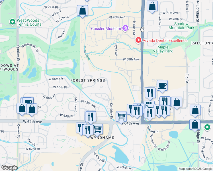 map of restaurants, bars, coffee shops, grocery stores, and more near 6689 Kendrick Drive in Arvada