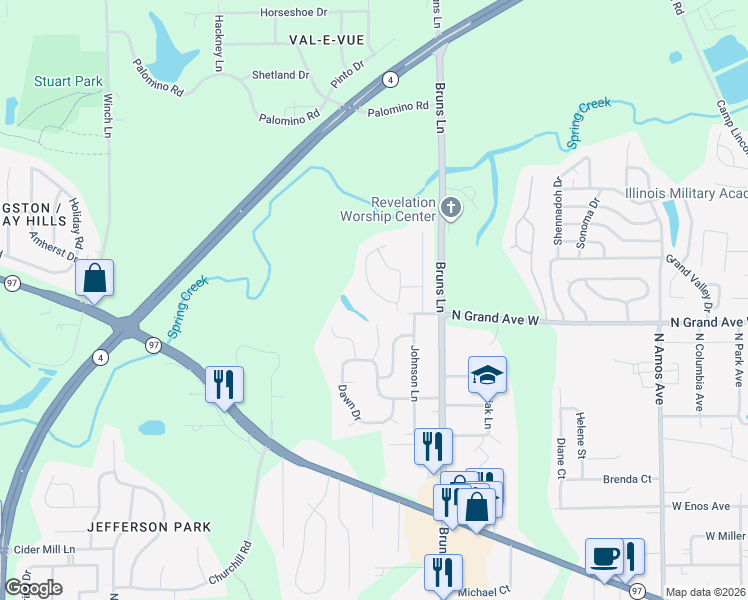 map of restaurants, bars, coffee shops, grocery stores, and more near 1387-1399 Crestview Dr in Springfield