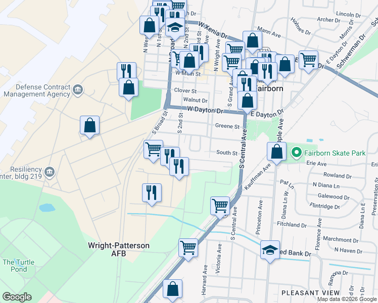 map of restaurants, bars, coffee shops, grocery stores, and more near 309 Arms Drive in Fairborn