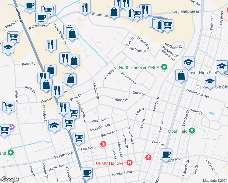 map of restaurants, bars, coffee shops, grocery stores, and more near 249 Grant Drive in Hanover