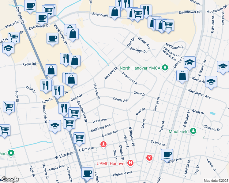 map of restaurants, bars, coffee shops, grocery stores, and more near 249 Grant Drive in Hanover