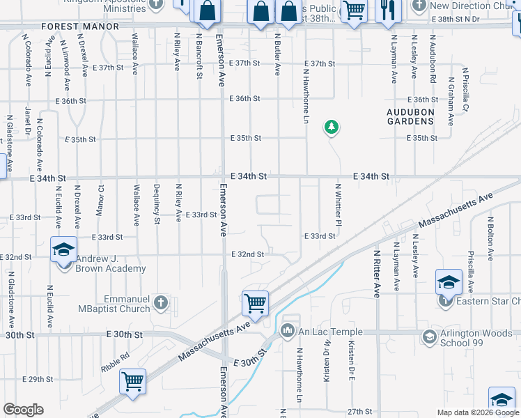 map of restaurants, bars, coffee shops, grocery stores, and more near 3332 Mardenna Avenue in Indianapolis