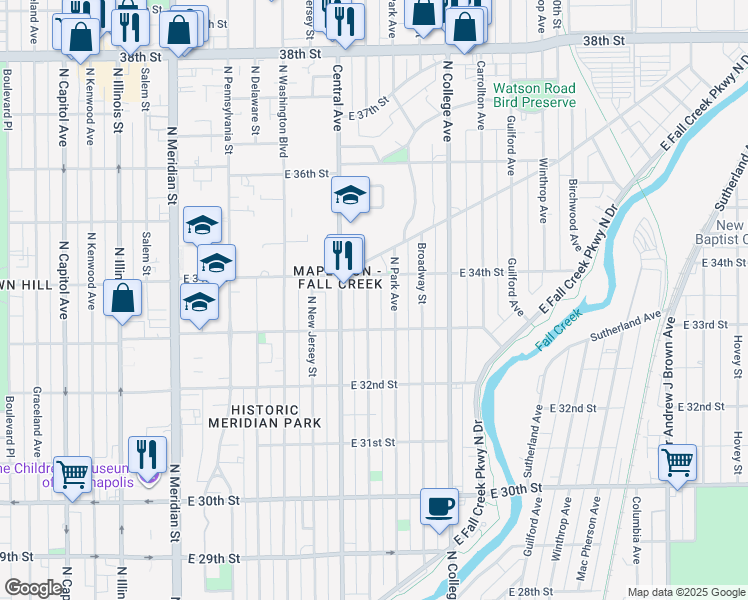 map of restaurants, bars, coffee shops, grocery stores, and more near 3359 Ruckle Street in Indianapolis