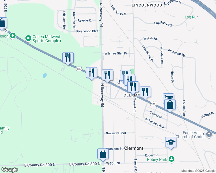 map of restaurants, bars, coffee shops, grocery stores, and more near 9242 Crawfordsville Road in Indianapolis
