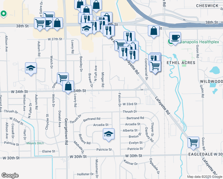 map of restaurants, bars, coffee shops, grocery stores, and more near 3405 North Rybolt Avenue in Indianapolis