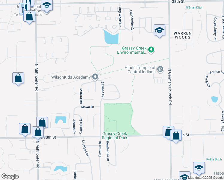 map of restaurants, bars, coffee shops, grocery stores, and more near 10538 Mohave Court in Indianapolis
