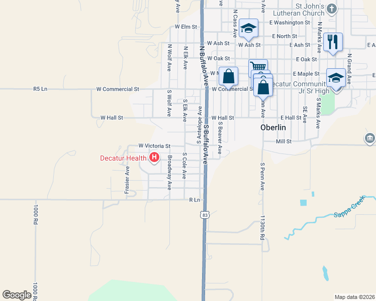 map of restaurants, bars, coffee shops, grocery stores, and more near South Cole Avenue in Oberlin