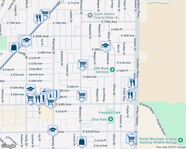 map of restaurants, bars, coffee shops, grocery stores, and more near 6650 Niagara Street in Commerce City