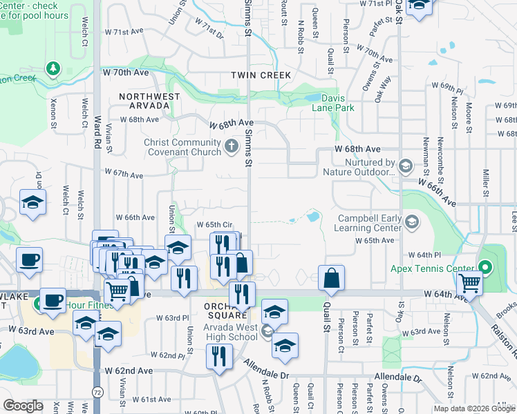 map of restaurants, bars, coffee shops, grocery stores, and more near 6640 Simms Street in Arvada