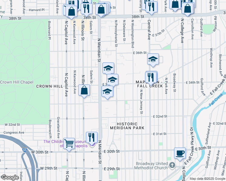 map of restaurants, bars, coffee shops, grocery stores, and more near 3330 North Pennsylvania Street in Indianapolis