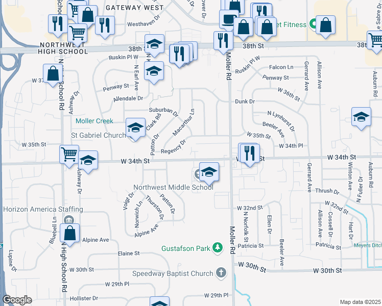 map of restaurants, bars, coffee shops, grocery stores, and more near 5555 Scarlet Terrace in Indianapolis