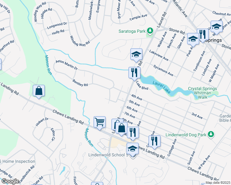 map of restaurants, bars, coffee shops, grocery stores, and more near 716 Aston Martin Drive in Lindenwold