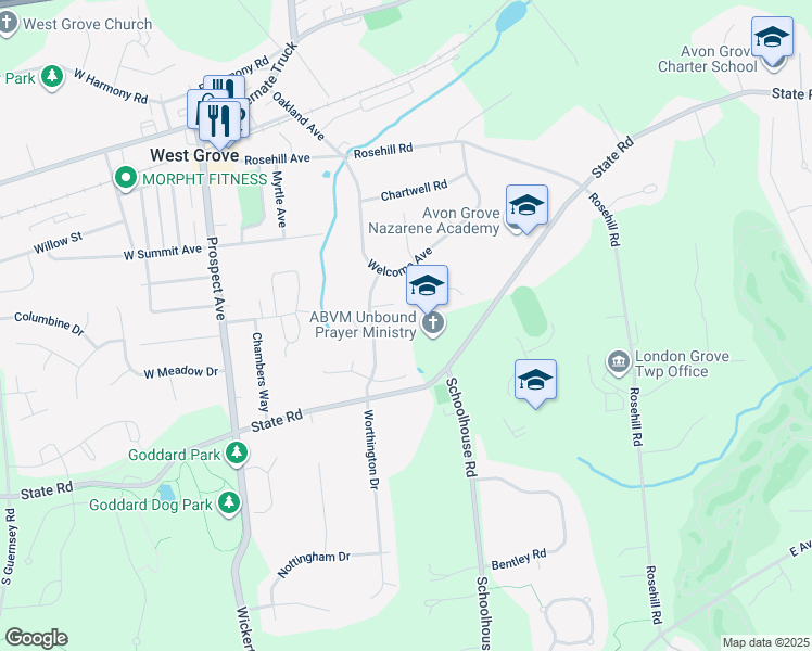 map of restaurants, bars, coffee shops, grocery stores, and more near 7 Blossom Court in West Grove