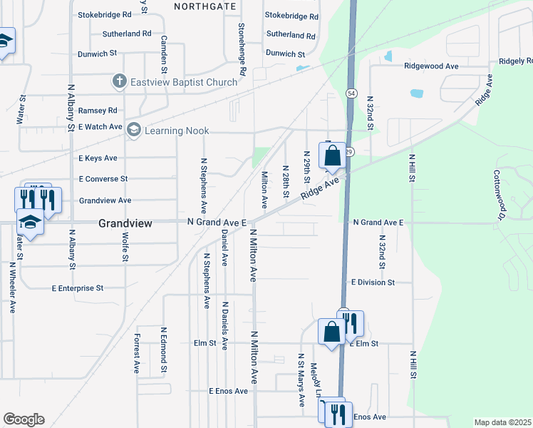map of restaurants, bars, coffee shops, grocery stores, and more near 1328 Milton Avenue in Springfield
