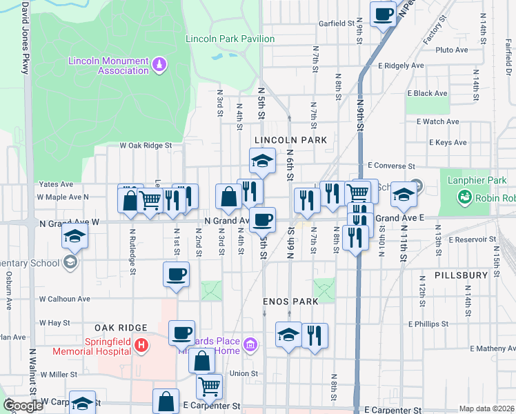 map of restaurants, bars, coffee shops, grocery stores, and more near 501-599 Mc Clernand Ave in Springfield