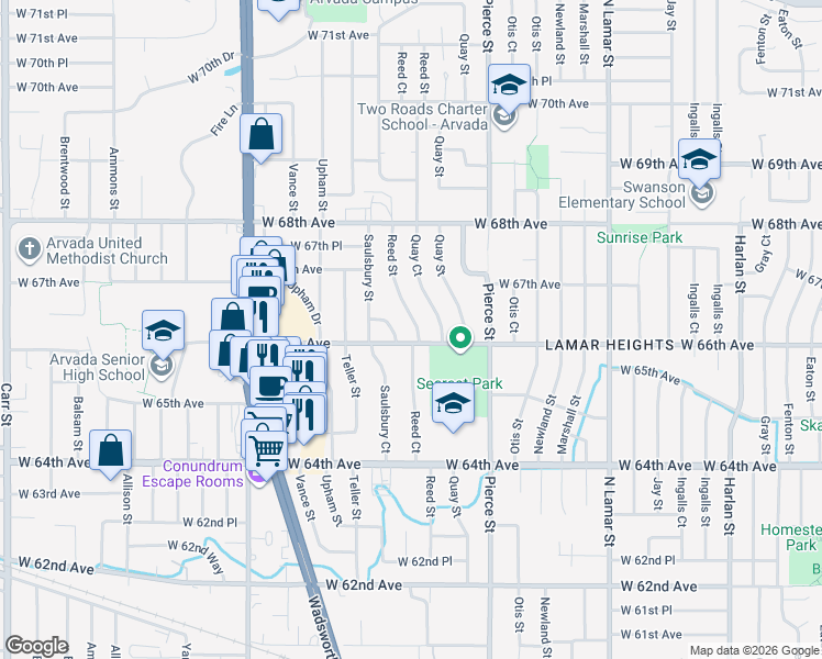 map of restaurants, bars, coffee shops, grocery stores, and more near 6644 Reed Street in Arvada