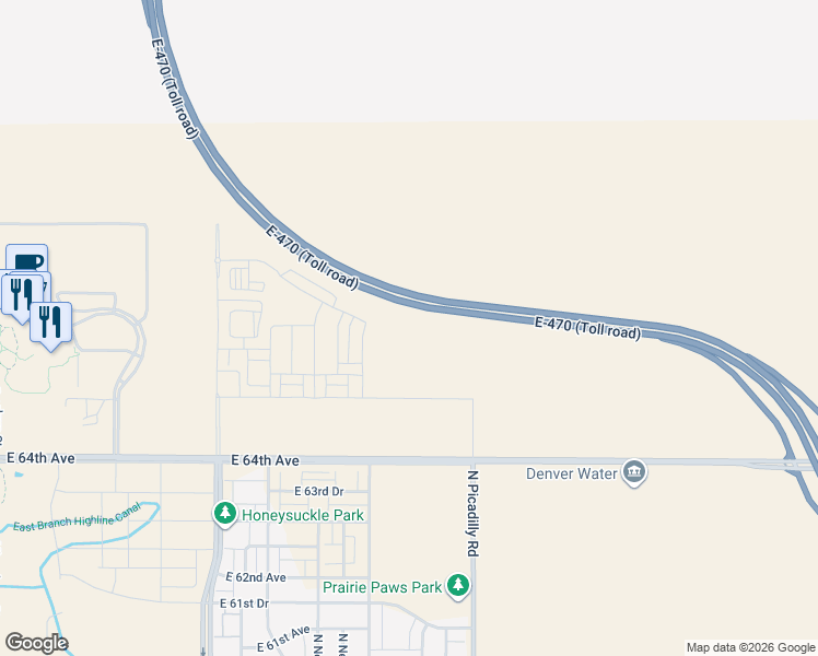 map of restaurants, bars, coffee shops, grocery stores, and more near E-470 in Aurora
