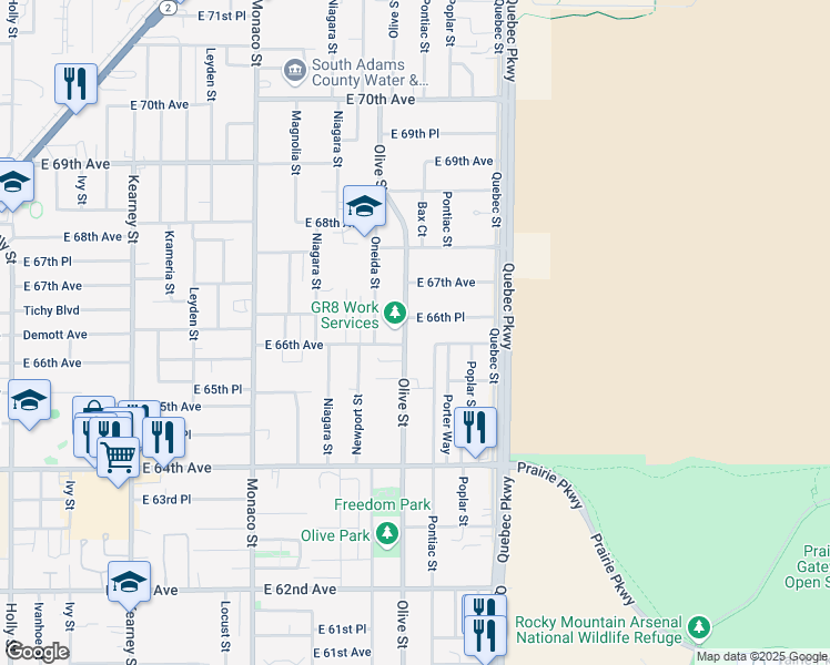 map of restaurants, bars, coffee shops, grocery stores, and more near 6655 Olive Street in Commerce City
