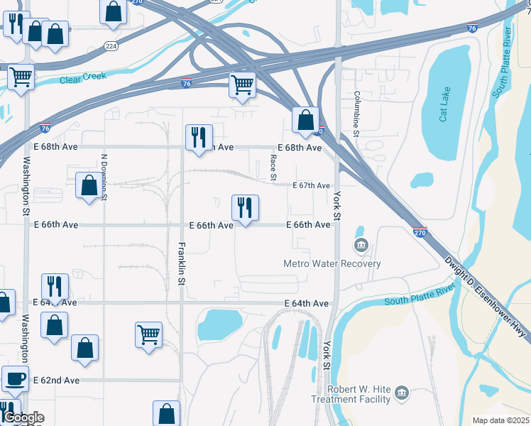 map of restaurants, bars, coffee shops, grocery stores, and more near 1921 East 66th Avenue in Denver