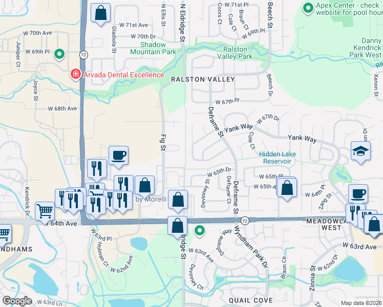 map of restaurants, bars, coffee shops, grocery stores, and more near 6677 Devinney Court in Arvada