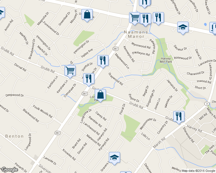 map of restaurants, bars, coffee shops, grocery stores, and more near 2310 Graywood Road in Wilmington