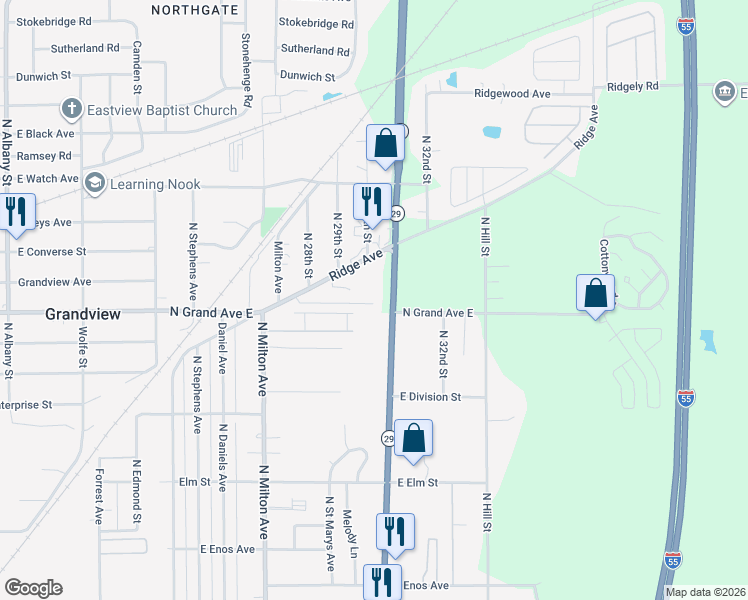 map of restaurants, bars, coffee shops, grocery stores, and more near 1359-1499 North Dirksen Parkway in Springfield