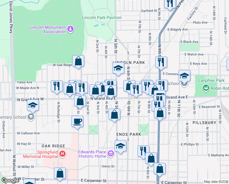map of restaurants, bars, coffee shops, grocery stores, and more near 501-599 Mc Clernand Ave in Springfield