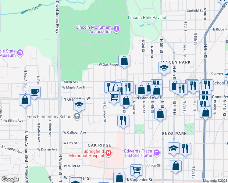 map of restaurants, bars, coffee shops, grocery stores, and more near 1223 Ledlie Avenue in Springfield