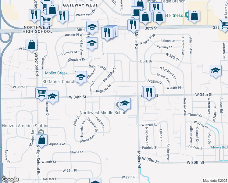 map of restaurants, bars, coffee shops, grocery stores, and more near 5573 Scarlet Terrace in Indianapolis