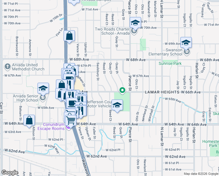 map of restaurants, bars, coffee shops, grocery stores, and more near 6623 Reed Street in Arvada
