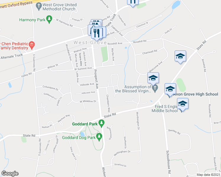 map of restaurants, bars, coffee shops, grocery stores, and more near 227 East Hillcrest Avenue in West Grove