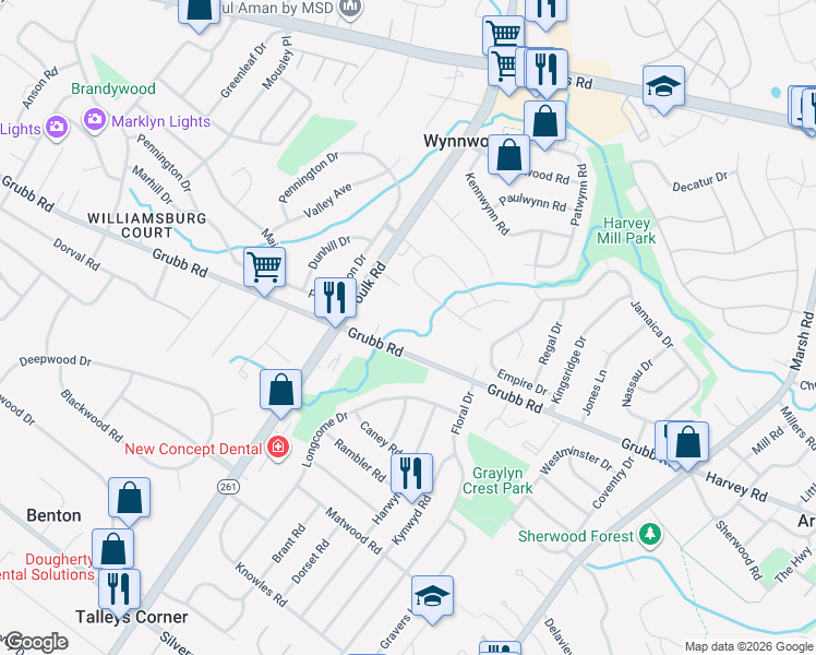 map of restaurants, bars, coffee shops, grocery stores, and more near 2310 Graywood Road in Wilmington