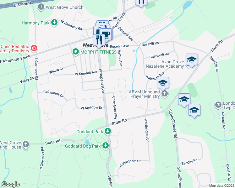 map of restaurants, bars, coffee shops, grocery stores, and more near 227 East Hillcrest Avenue in West Grove
