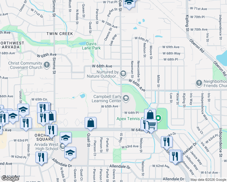 map of restaurants, bars, coffee shops, grocery stores, and more near 10879 West 65th Way in Arvada