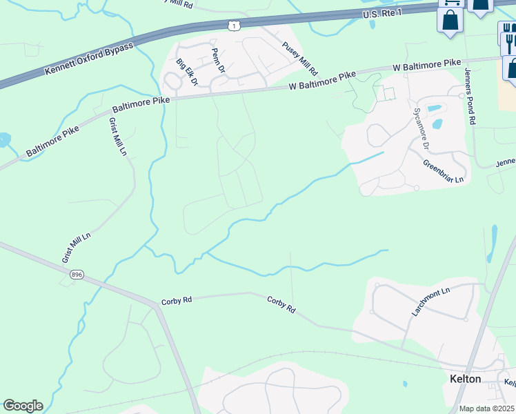 map of restaurants, bars, coffee shops, grocery stores, and more near Penn Drive in Chester County