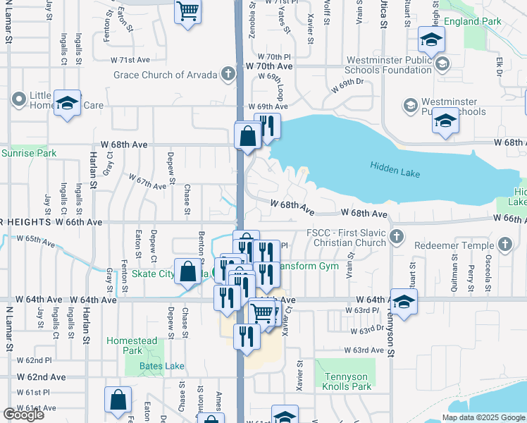 map of restaurants, bars, coffee shops, grocery stores, and more near 5136 West 68th Avenue in Westminster